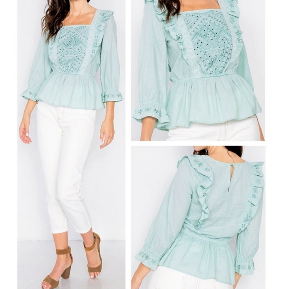 Mint Eyelet embroidered ruffle peplum top - Picture 3 of 6